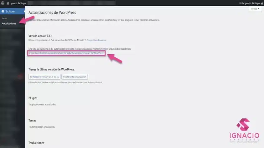 como activar actualizaciones automaticas wordpress versiones nuevas dashboard