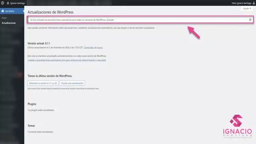 como activar actualizaciones automaticas wordpress versiones nuevas dashboard