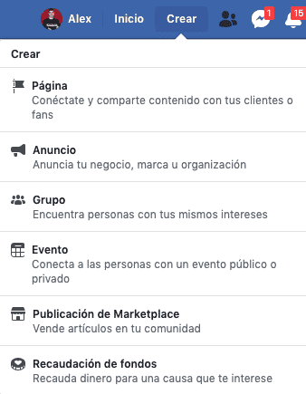 Guia facebook ads opcion para crear anuncio de Facebook