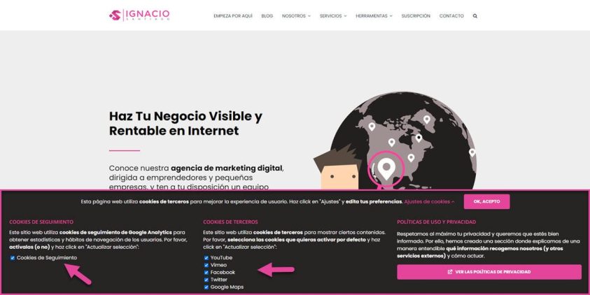 aviso cookies web wordpress ajustes de cookies