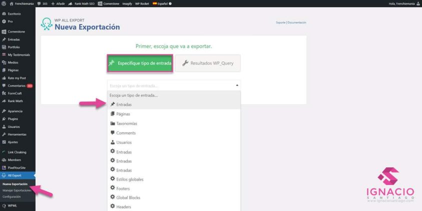 como exportar datos wordpress wp all export elegir tipo de entrada 2