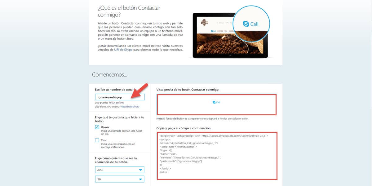 como insertar boton llamar skype pagina web contacto