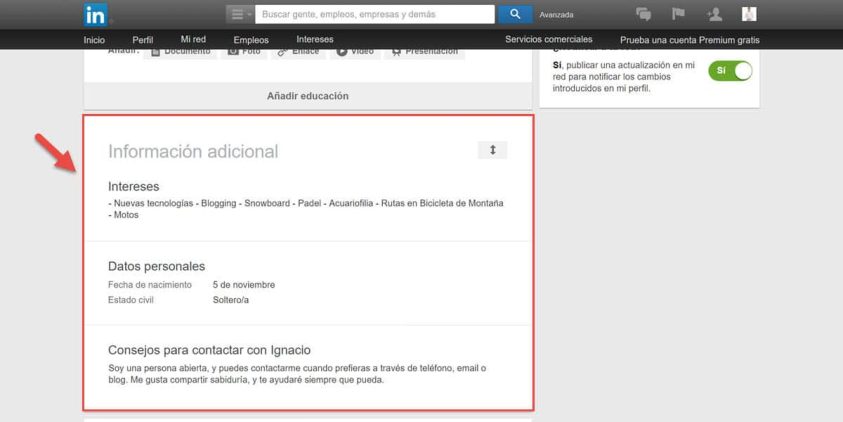 guia como mejorar perfil linkedin informacion adicional