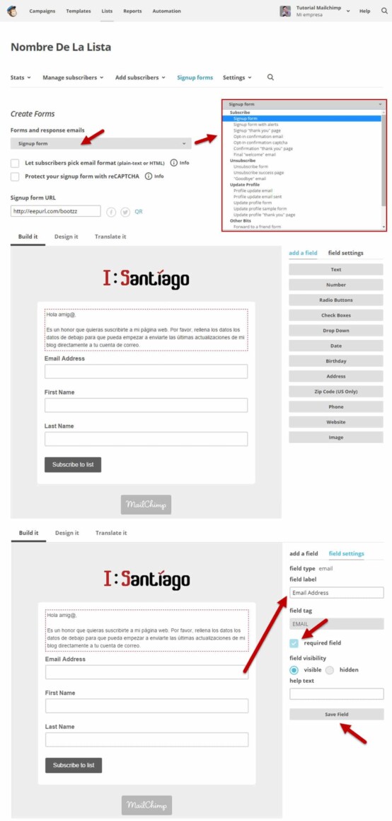 tutorial mailchimp dashboard listas crear formularios