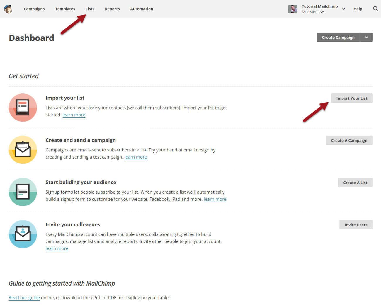 tutorial mailchimp dashboard listas