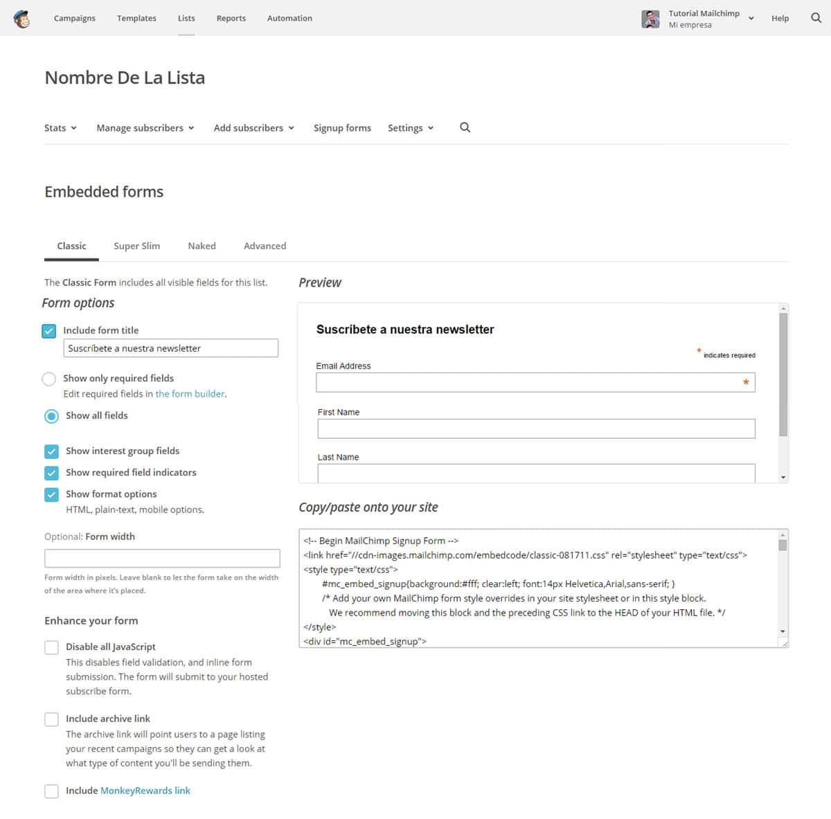 tutorial mailchimp listas embeber formularios