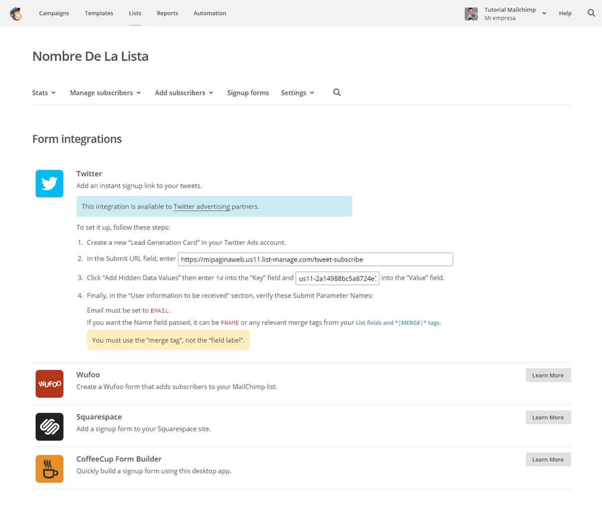 tutorial mailchimp listas integrar formularios